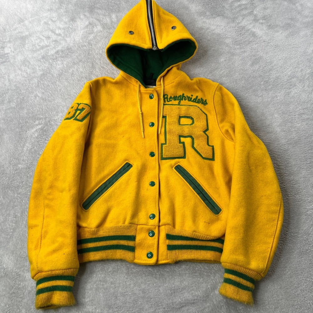 Delong Roughriders Varsity Letterman Jacket M Yellow Women Retro Streetwear